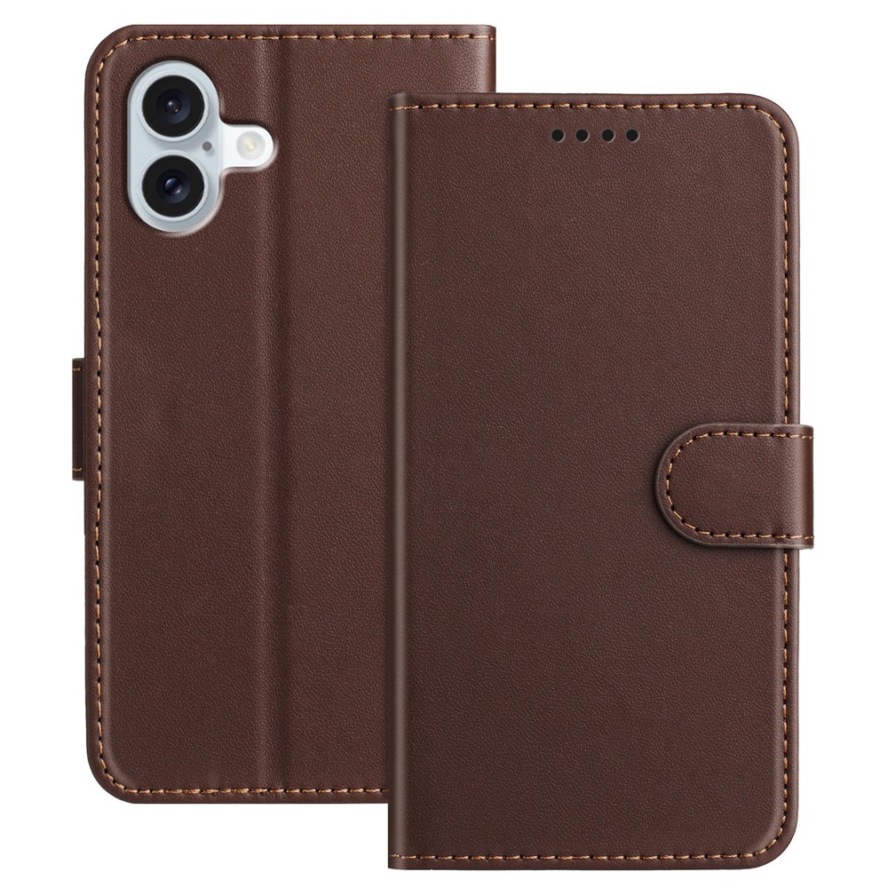 For iPhone 16 Plus Leather Case Wallet Stand Solid Color Anti Drop Phone Cover - Brown