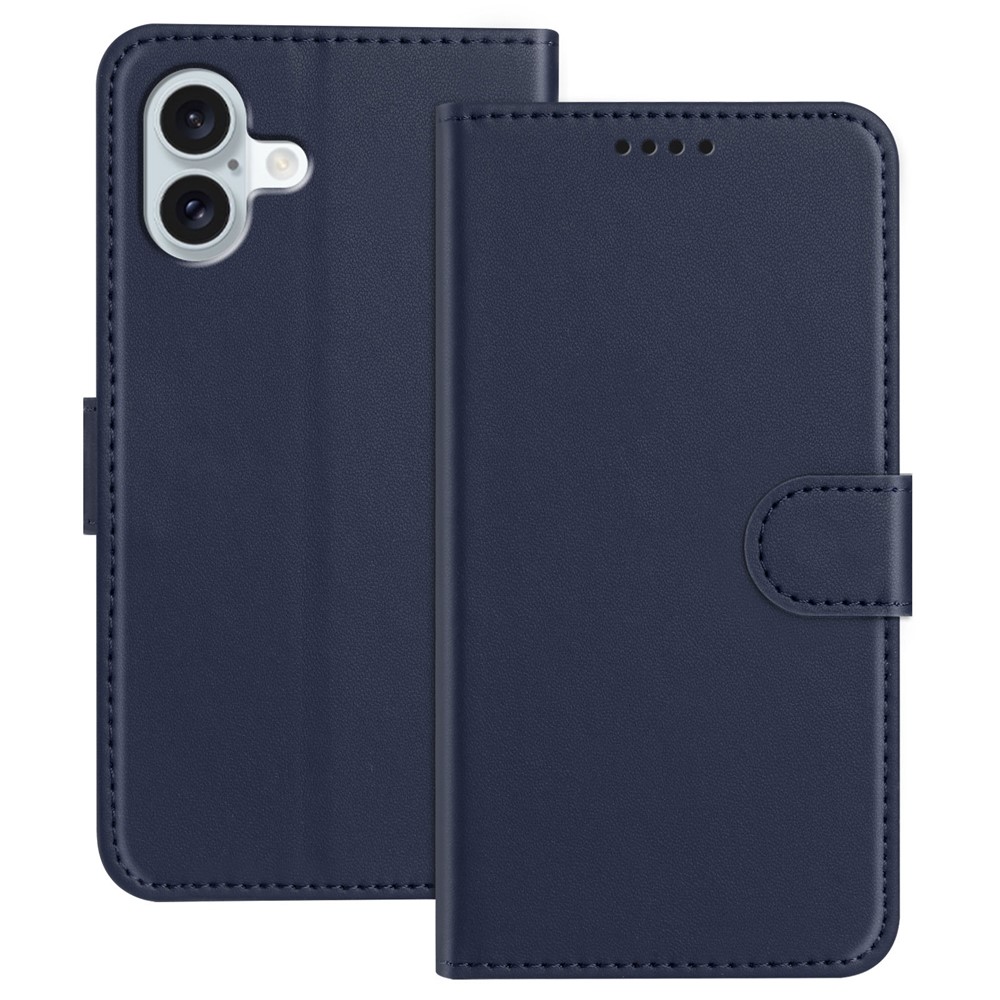 For iPhone 16 Plus Leather Case Wallet Stand Solid Color Anti Drop Phone Cover - Blue