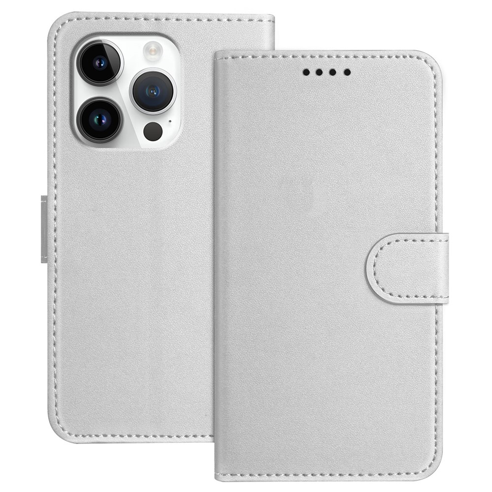 For iPhone 16 Pro Leather Case Wallet Stand Solid Color Anti Drop Phone Cover - Silver
