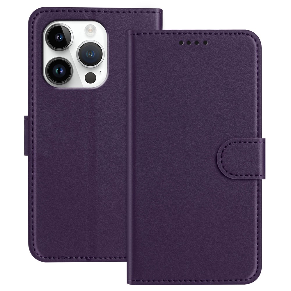 For iPhone 16 Pro Leather Case Wallet Stand Solid Color Anti Drop Phone Cover - Purple