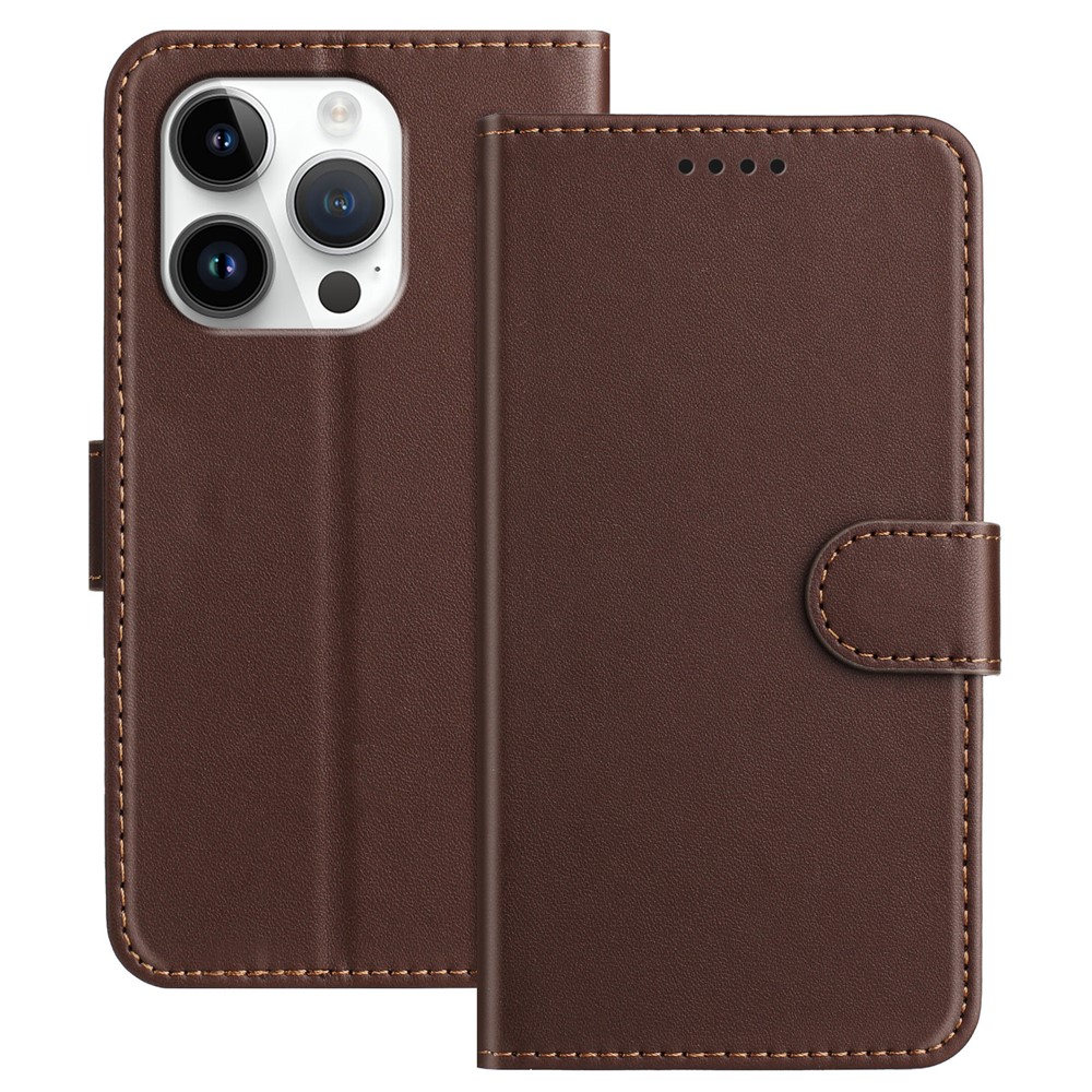 For iPhone 16 Pro Leather Case Wallet Stand Solid Color Anti Drop Phone Cover - Brown