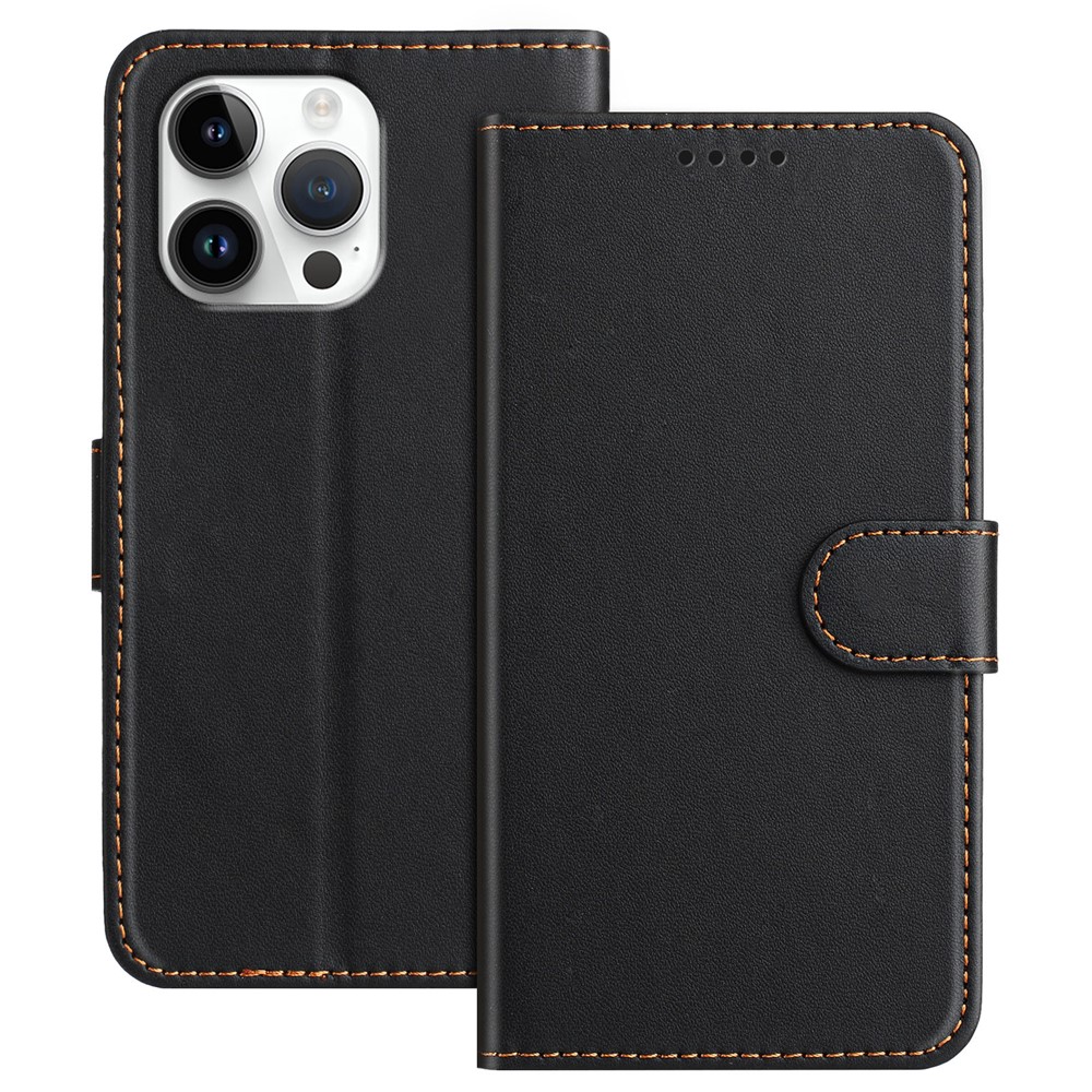 For iPhone 16 Pro Max Leather Case Wallet Stand Solid Color Anti Drop Phone Cover - Black