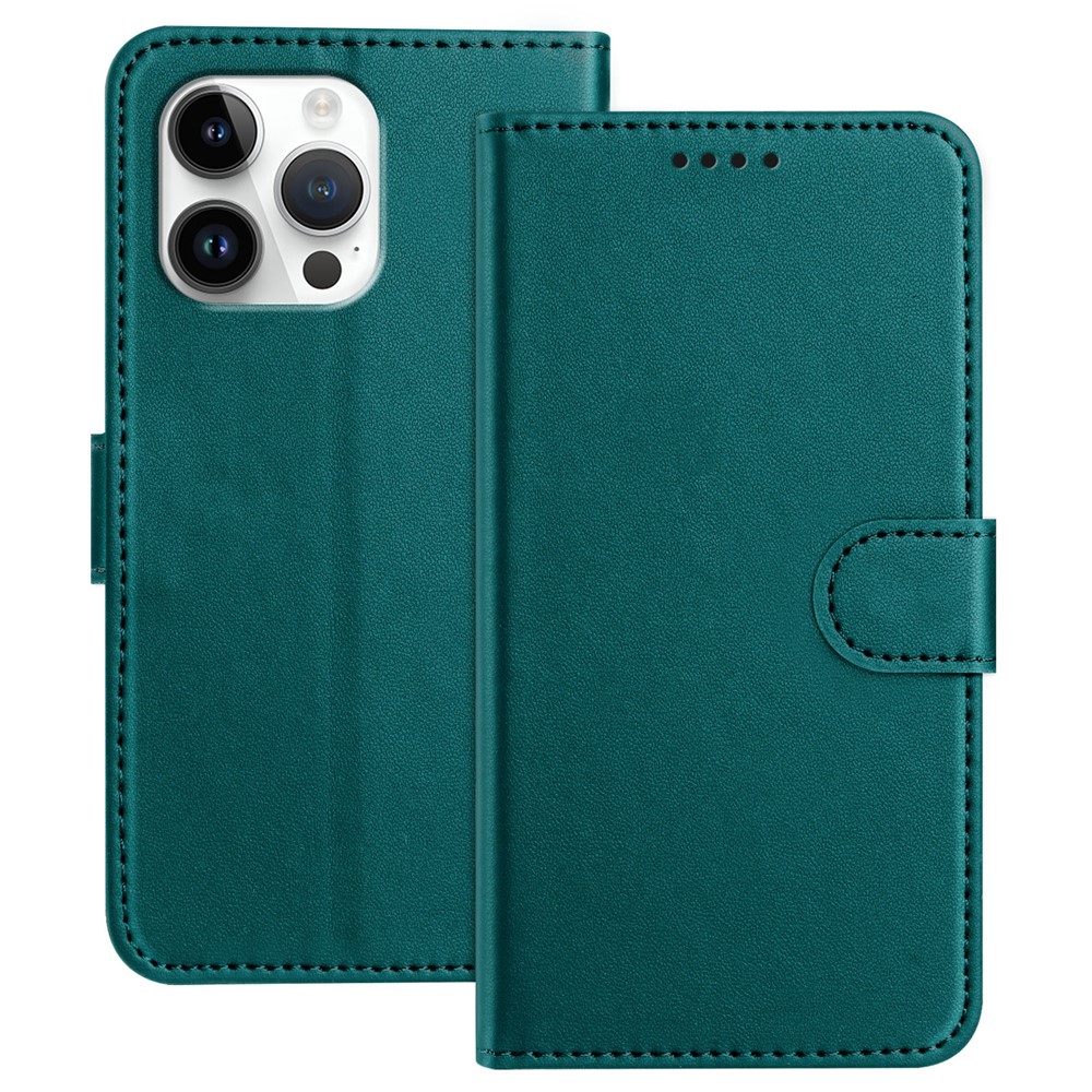 For iPhone 16 Pro Max Leather Case Wallet Stand Solid Color Anti Drop Phone Cover - Green