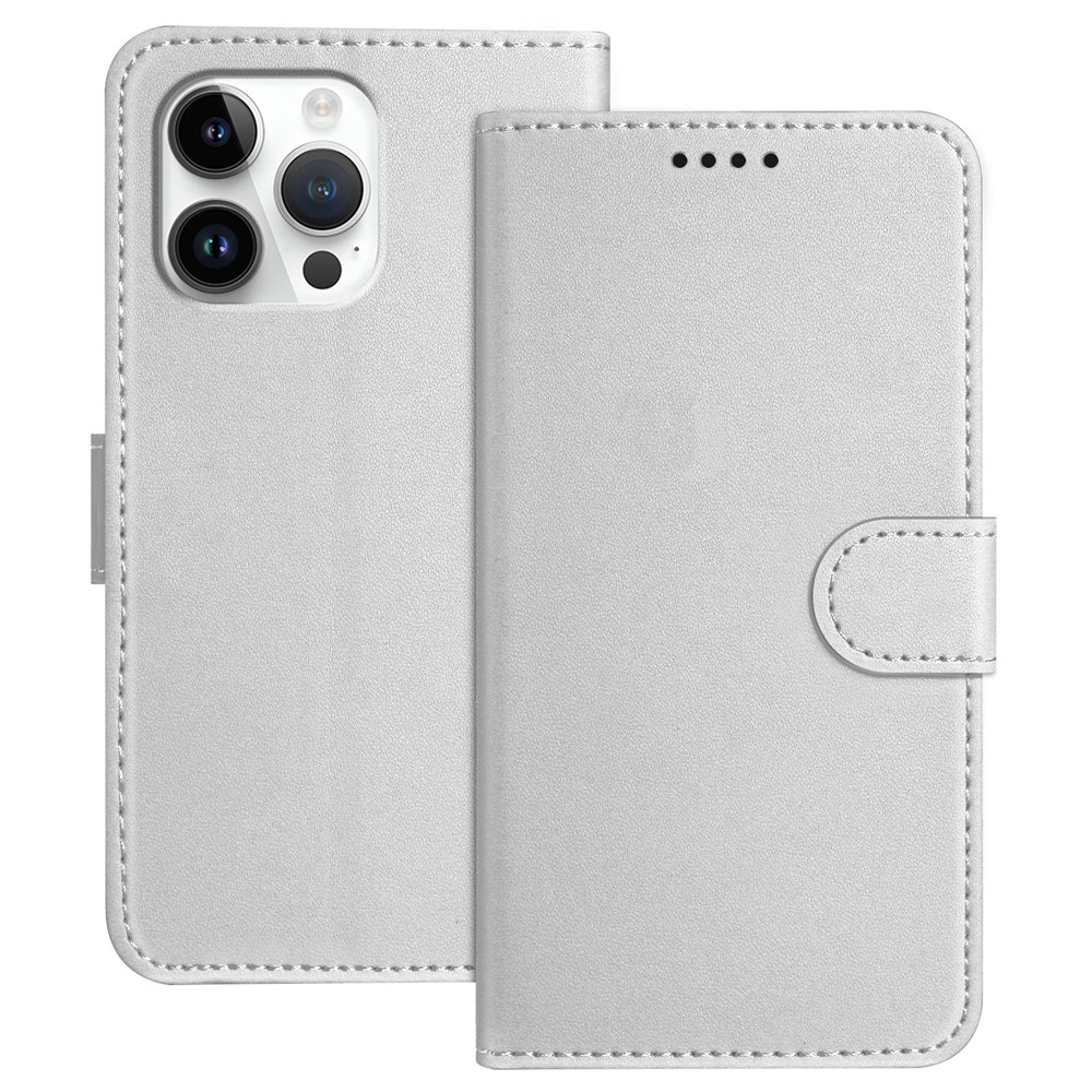 For iPhone 16 Pro Max Leather Case Wallet Stand Solid Color Anti Drop Phone Cover - Silver