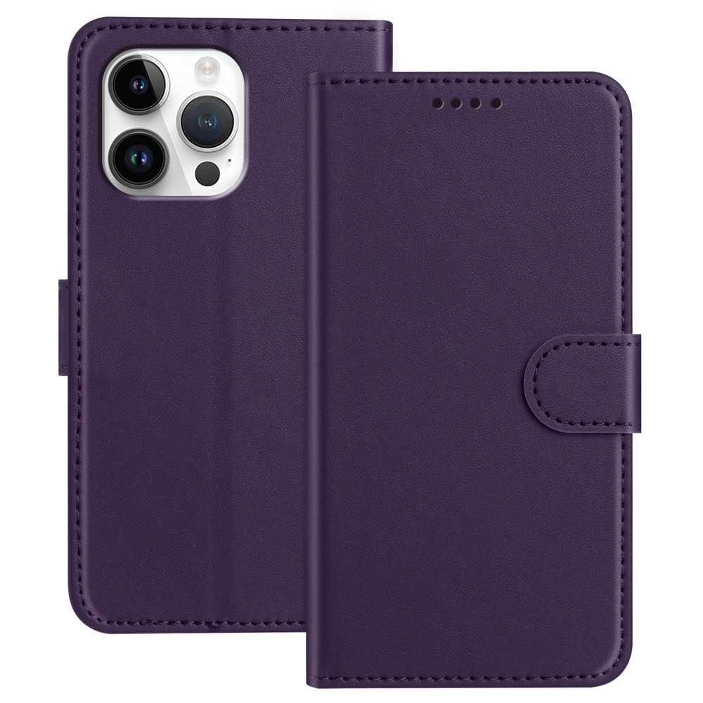 For iPhone 16 Pro Max Leather Case Wallet Stand Solid Color Anti Drop Phone Cover - Purple