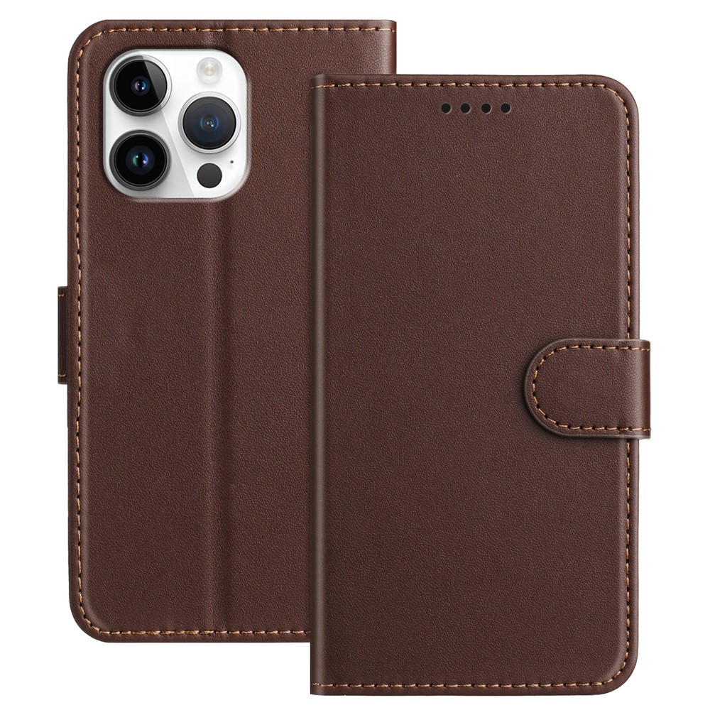 For iPhone 16 Pro Max Leather Case Wallet Stand Solid Color Anti Drop Phone Cover - Brown