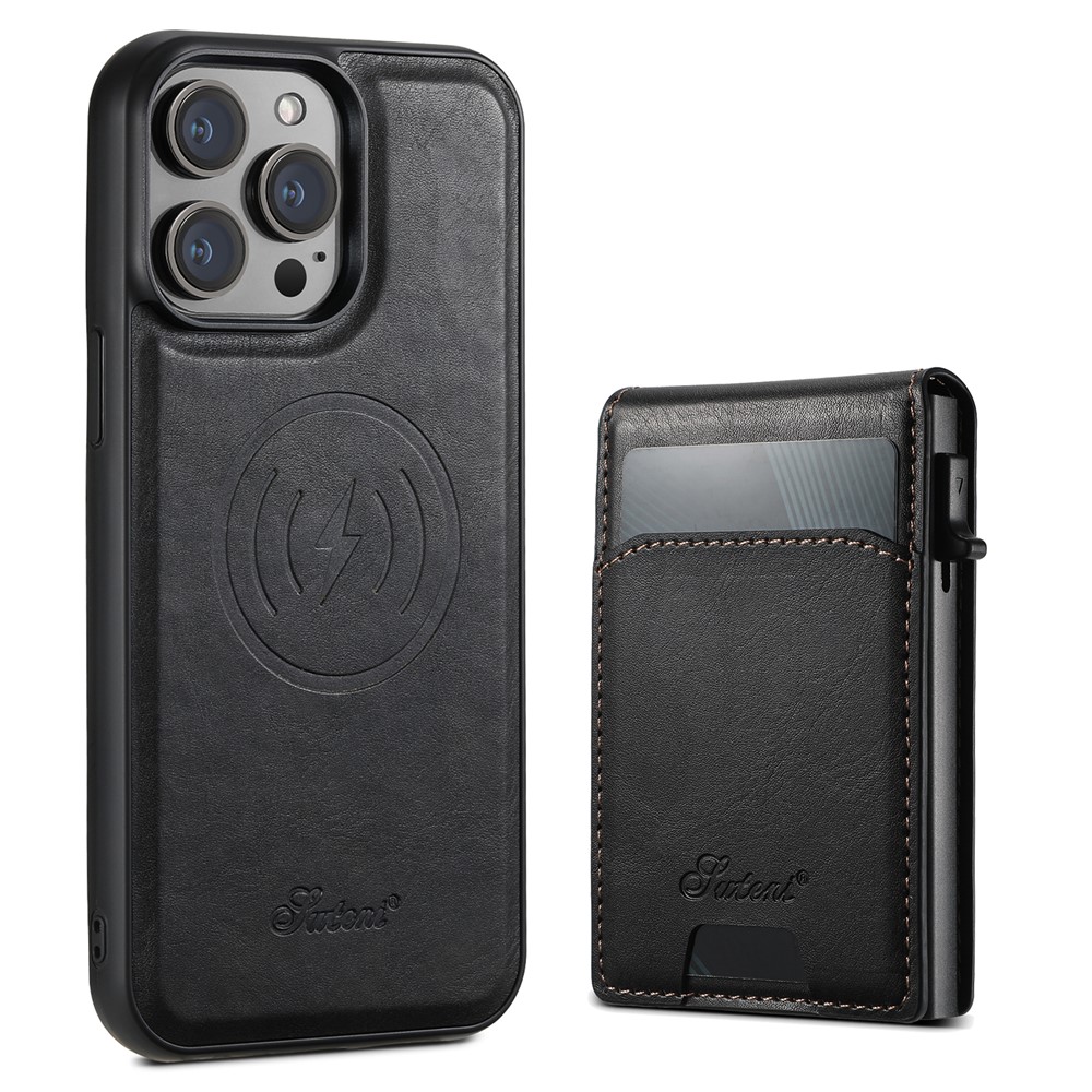 SUTENI H19 For iPhone 13 Pro Magnetic Case Waxy Texture Card Slots Leather Back Phone Cover - Black