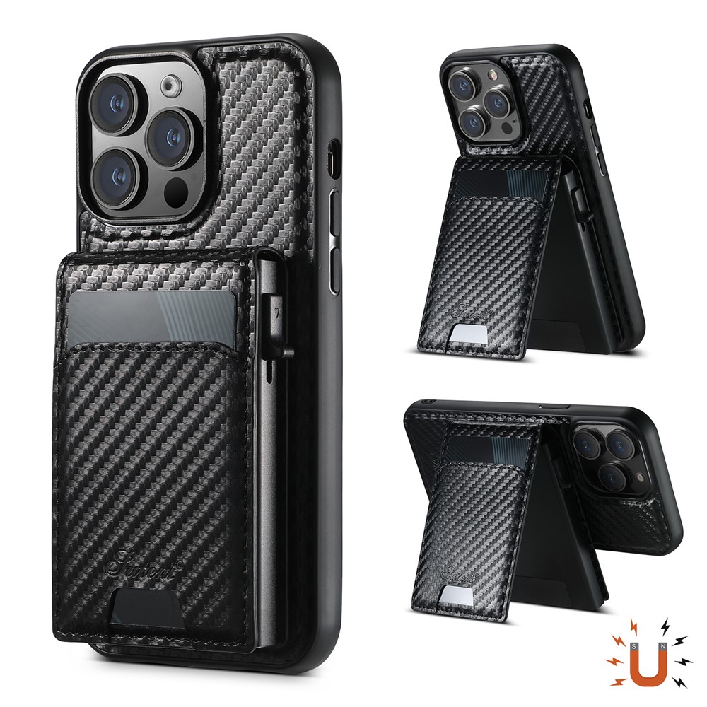 SUTENI H19 For iPhone 13 Pro Max Magnetic Case Carbon Fiber Texture Leather Back Cover with Card Bag