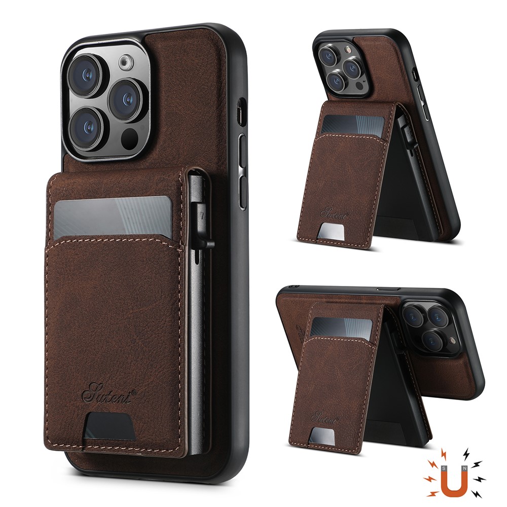 SUTENI H19 For iPhone 13 Pro Magnetic Case Card Holder Kickstand Litchi Texture Leather Back Cover - Brown