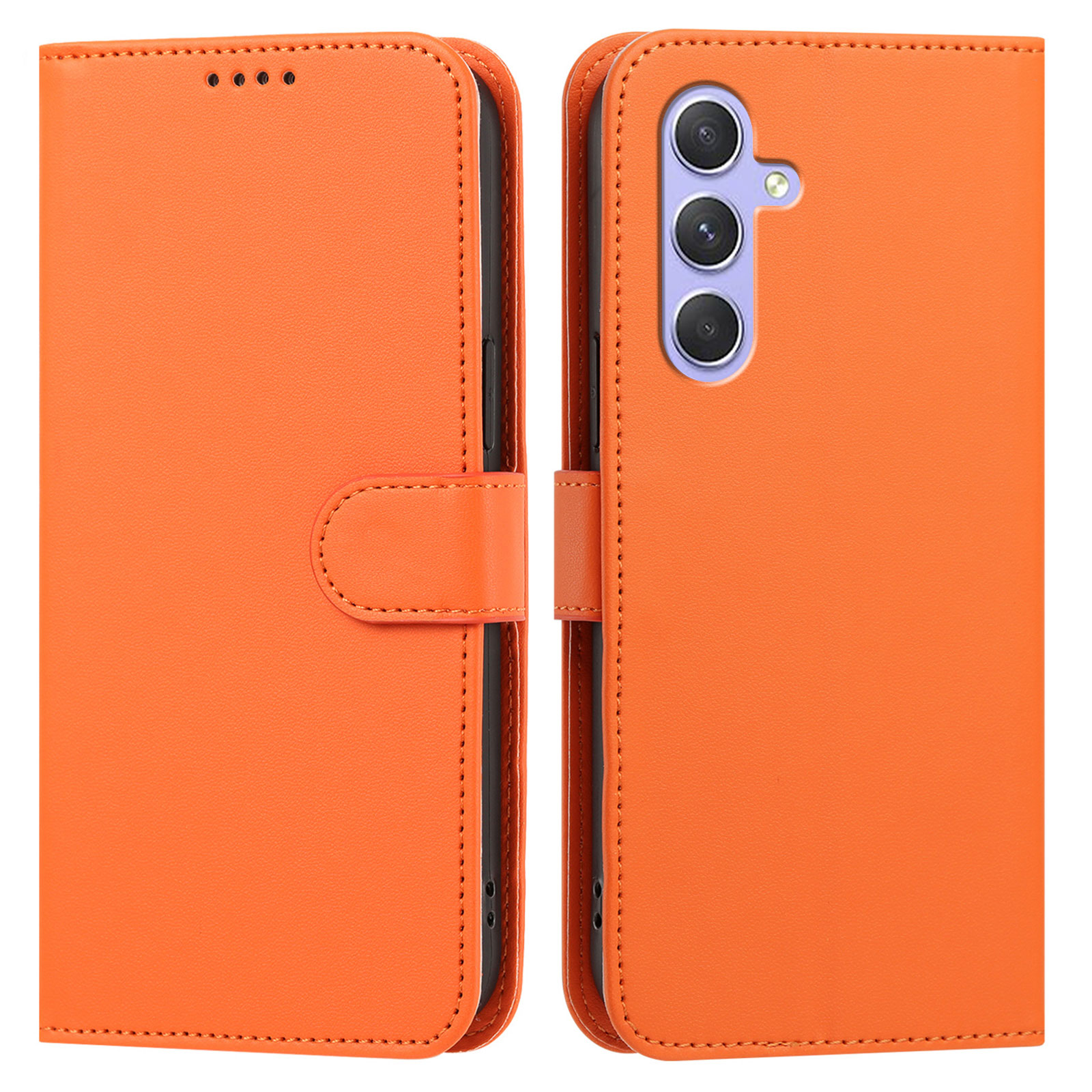 For Samsung Galaxy A55 5G Leather Case Wallet Stand Solid Color Anti Drop Phone Cover - Orange