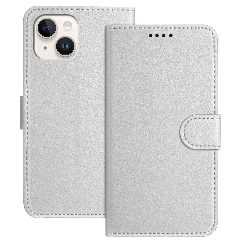For iPhone 15 Leather Case Wallet Stand Solid Color Anti Drop Phone Cover - Silver