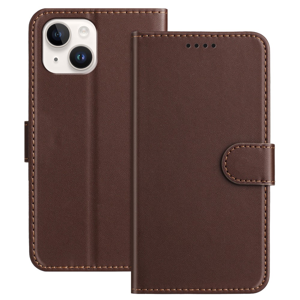 For iPhone 15 Leather Case Wallet Stand Solid Color Anti Drop Phone Cover - Brown