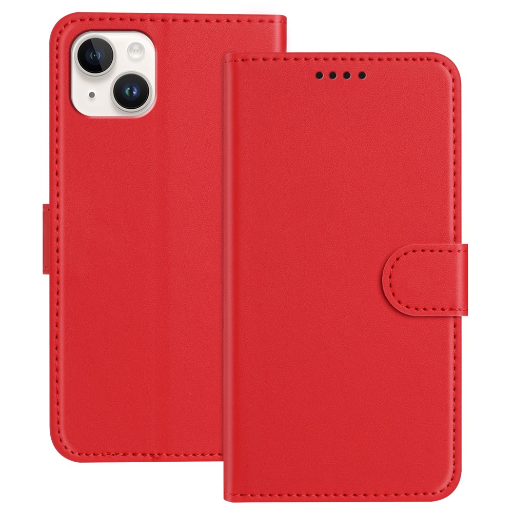 For iPhone 15 Plus Leather Case Wallet Stand Solid Color Anti Drop Phone Cover - Red