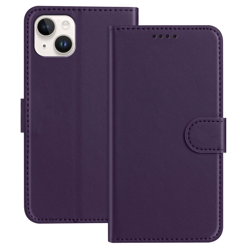 For iPhone 15 Plus Leather Case Wallet Stand Solid Color Anti Drop Phone Cover - Purple