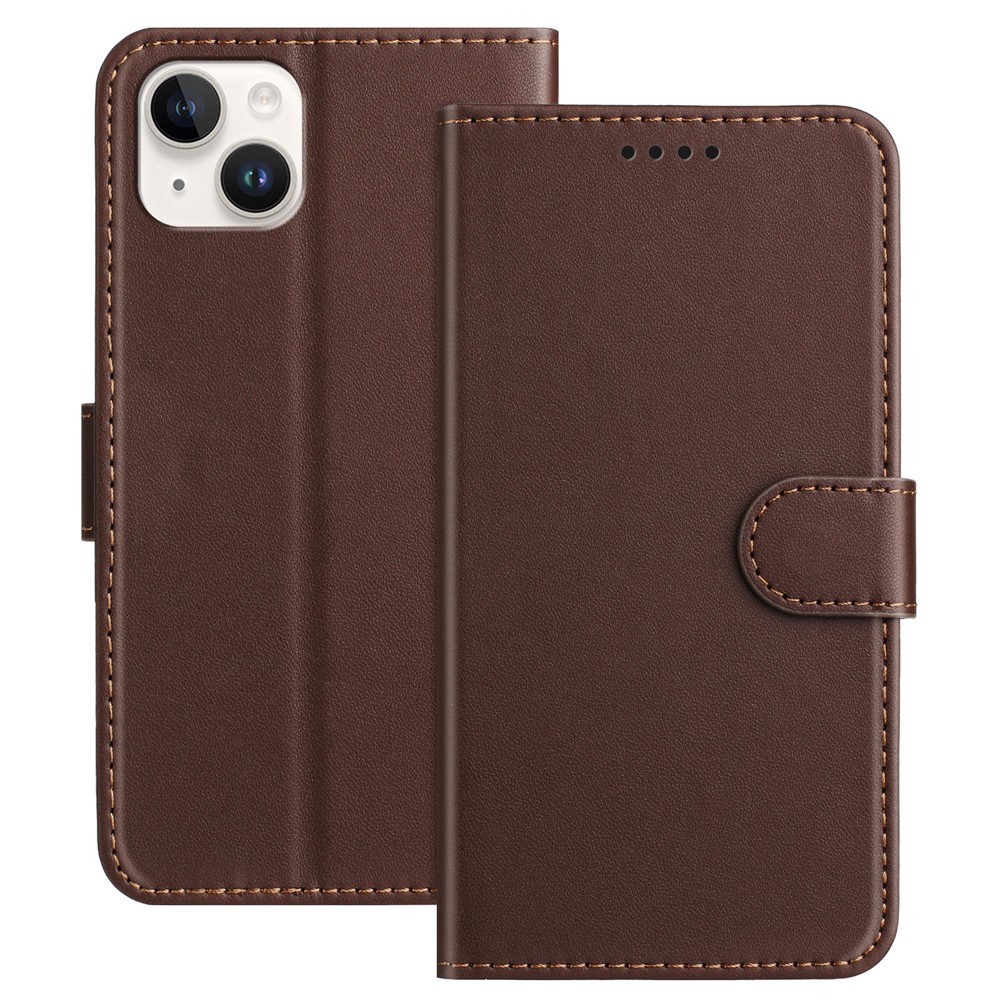 For iPhone 15 Plus Leather Case Wallet Stand Solid Color Anti Drop Phone Cover - Brown