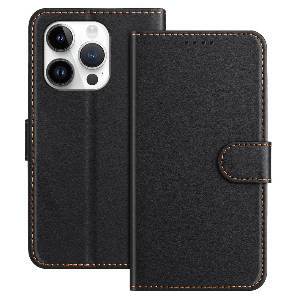 For iPhone 15 Pro Leather Case Wallet Stand Solid Color Anti Drop Phone Cover - Black