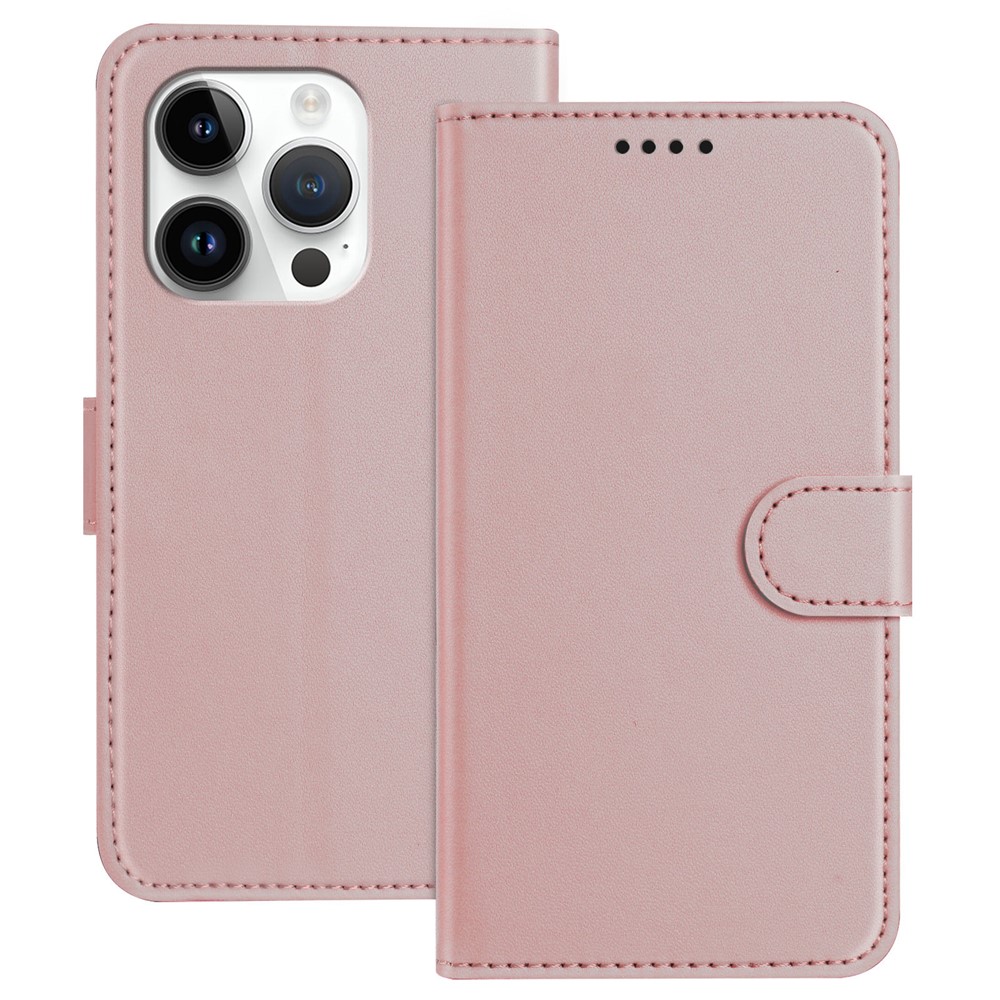 For iPhone 15 Pro Leather Case Wallet Stand Solid Color Anti Drop Phone Cover - Rose Gold