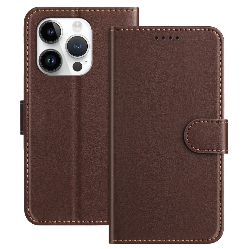 For iPhone 15 Pro Leather Case Wallet Stand Solid Color Anti Drop Phone Cover - Brown