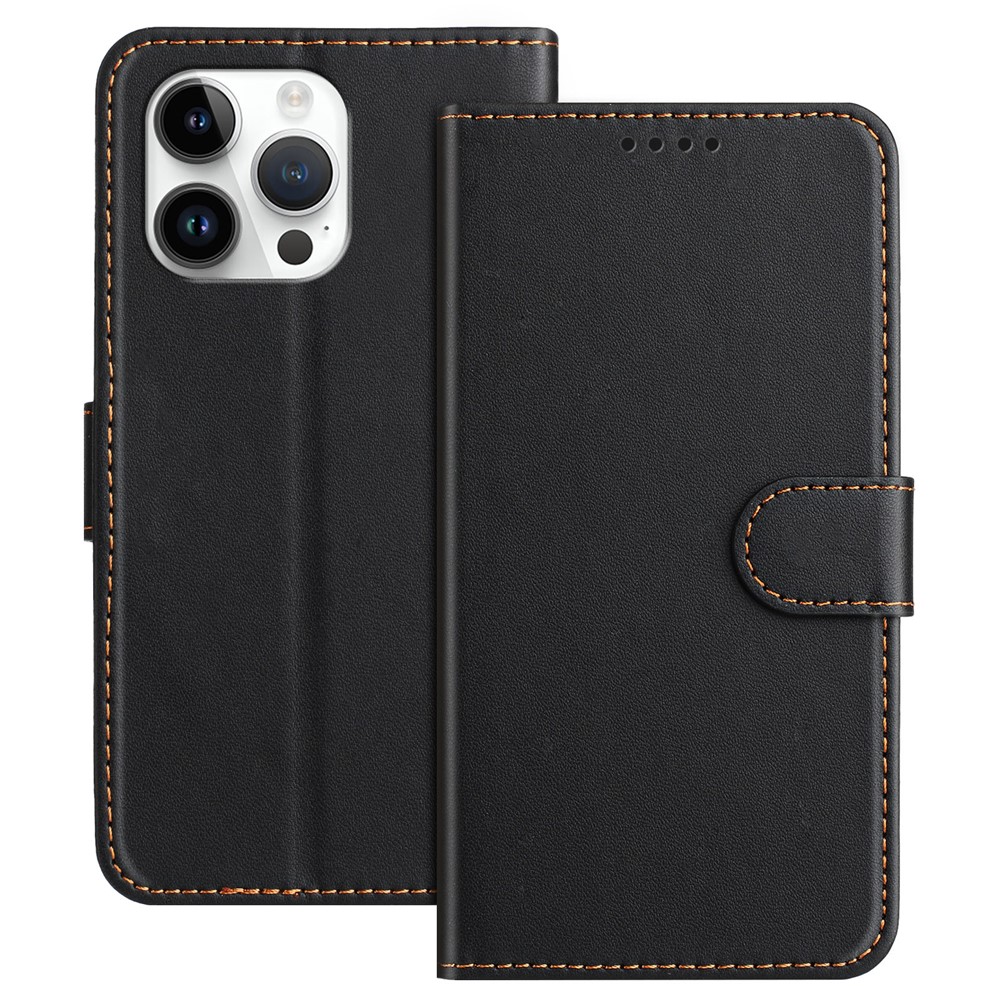 For iPhone 15 Pro Max Leather Case Wallet Stand Solid Color Anti Drop Phone Cover - Black
