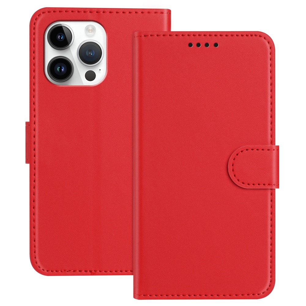 For iPhone 15 Pro Max Leather Case Wallet Stand Solid Color Anti Drop Phone Cover - Red