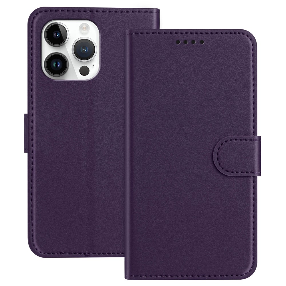For iPhone 15 Pro Max Leather Case Wallet Stand Solid Color Anti Drop Phone Cover - Purple
