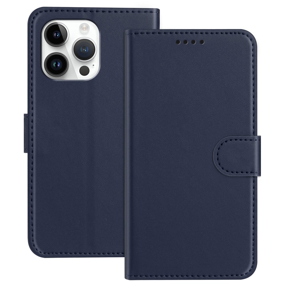 For iPhone 15 Pro Max Leather Case Wallet Stand Solid Color Anti Drop Phone Cover - Blue