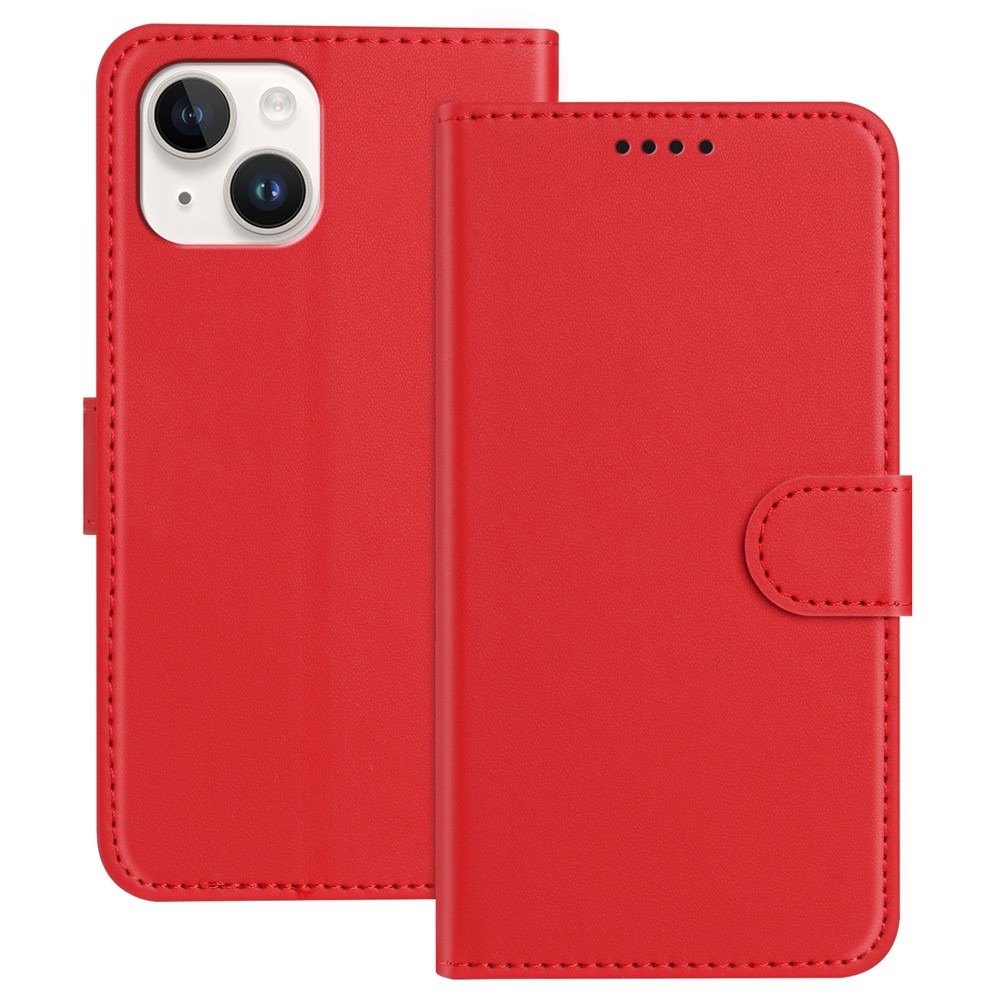 For iPhone 13 6.1 inch / iPhone 14 Leather Case Wallet Stand Solid Color Anti Drop Phone Cover - Red