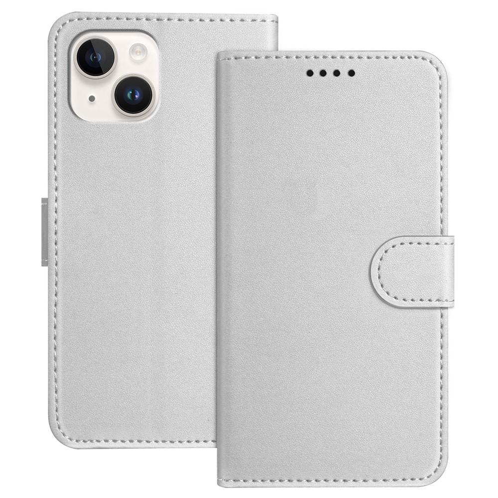 For iPhone 13 6.1 inch / iPhone 14 Leather Case Wallet Stand Solid Color Anti Drop Phone Cover - Silver