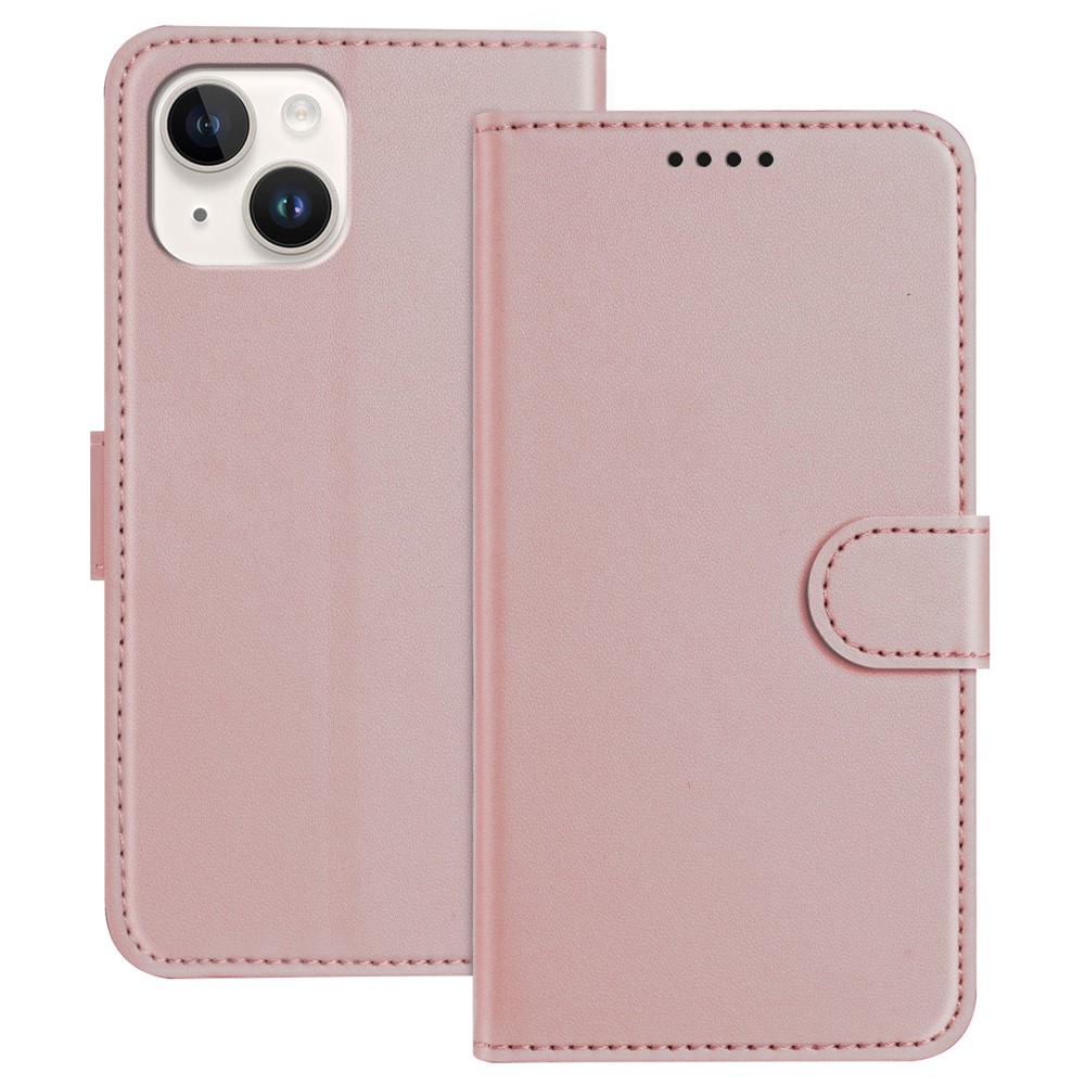 For iPhone 13 6.1 inch / iPhone 14 Leather Case Wallet Stand Solid Color Anti Drop Phone Cover - Rose Gold