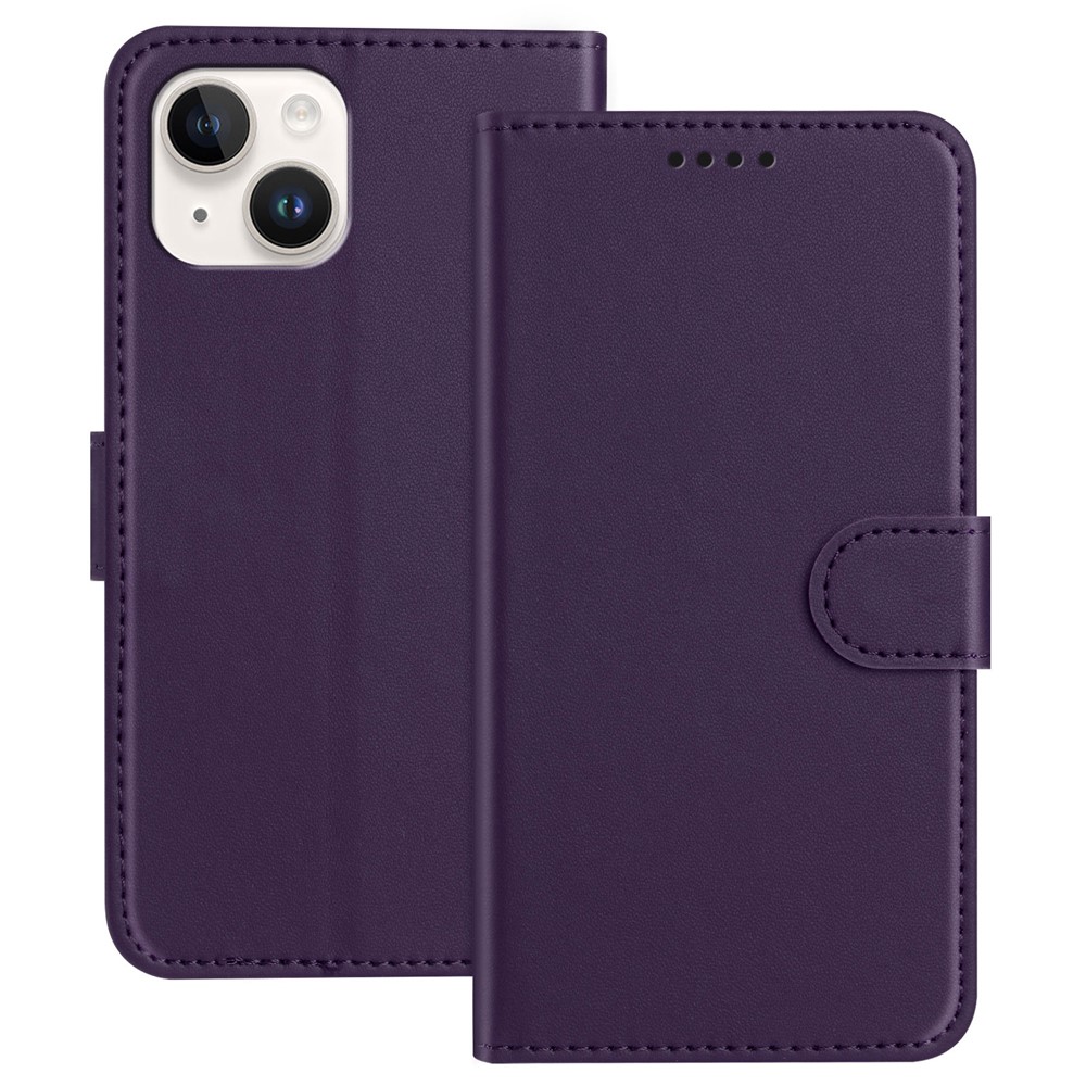 For iPhone 13 6.1 inch / iPhone 14 Leather Case Wallet Stand Solid Color Anti Drop Phone Cover - Purple