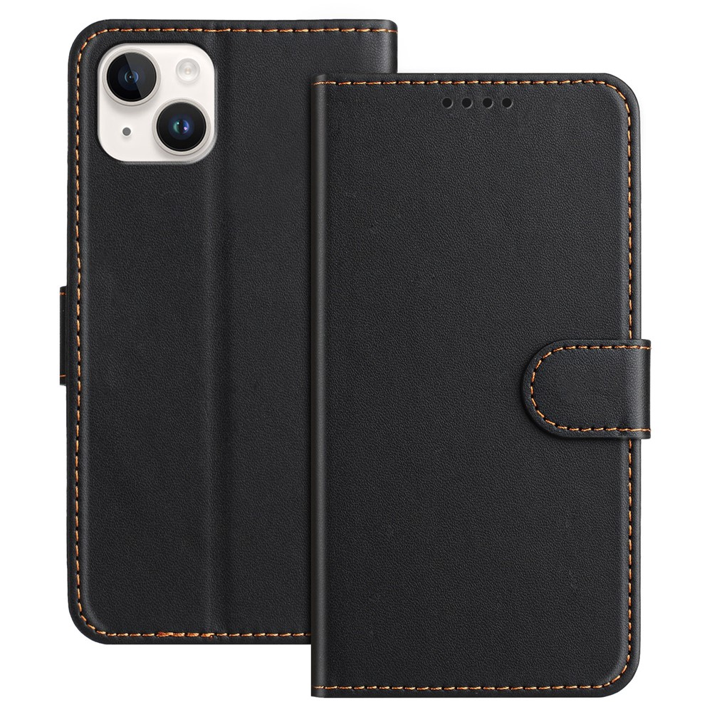 For iPhone 14 Plus Leather Case Wallet Stand Solid Color Anti Drop Phone Cover - Black