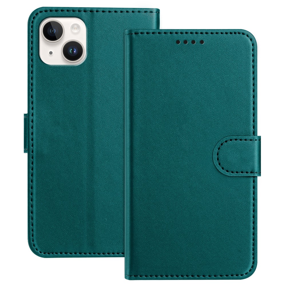 For iPhone 14 Plus Leather Case Wallet Stand Solid Color Anti Drop Phone Cover - Green