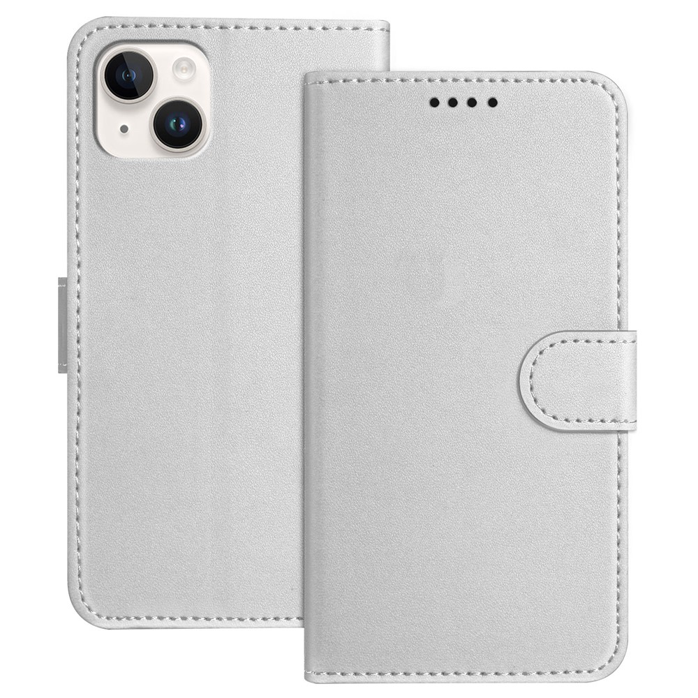 For iPhone 14 Plus Leather Case Wallet Stand Solid Color Anti Drop Phone Cover - Silver