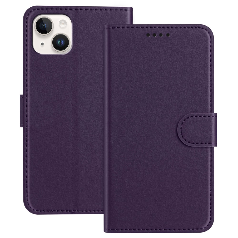 For iPhone 14 Plus Leather Case Wallet Stand Solid Color Anti Drop Phone Cover - Purple