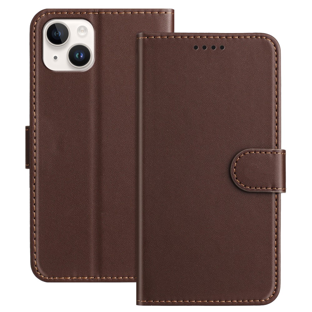 For iPhone 14 Plus Leather Case Wallet Stand Solid Color Anti Drop Phone Cover - Brown