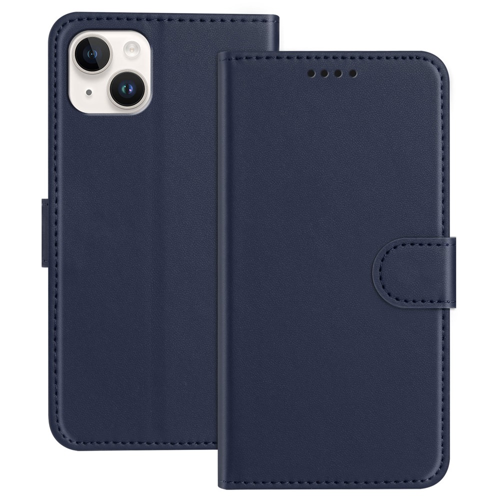For iPhone 14 Plus Leather Case Wallet Stand Solid Color Anti Drop Phone Cover - Blue