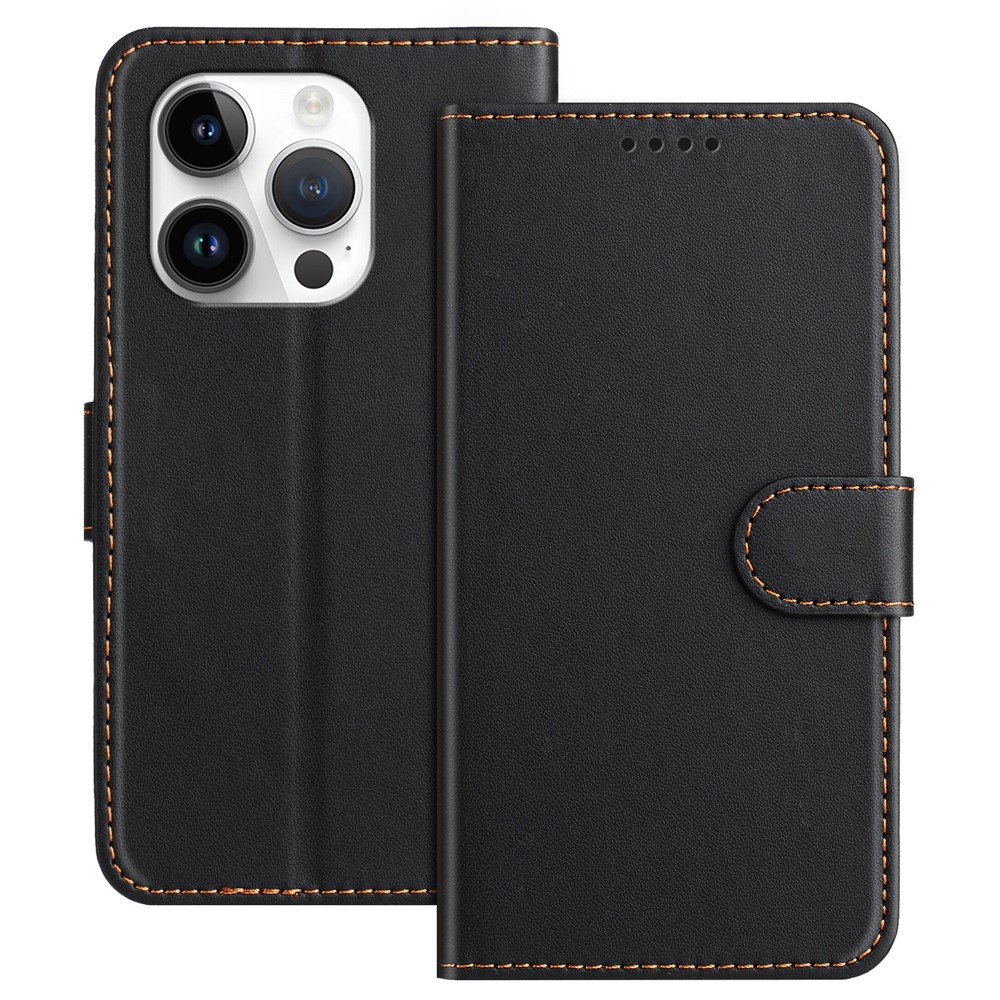 For iPhone 14 Pro Leather Case Wallet Stand Solid Color Anti Drop Phone Cover - Black