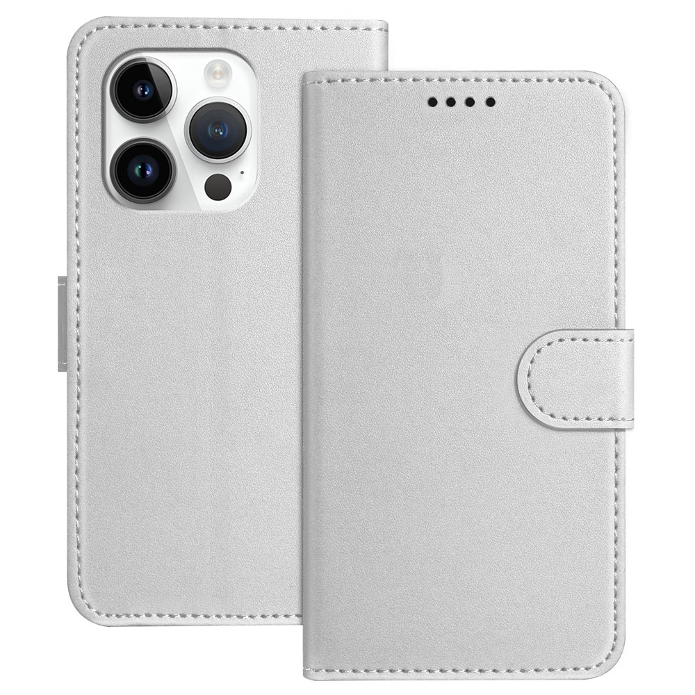 For iPhone 14 Pro Leather Case Wallet Stand Solid Color Anti Drop Phone Cover - Silver