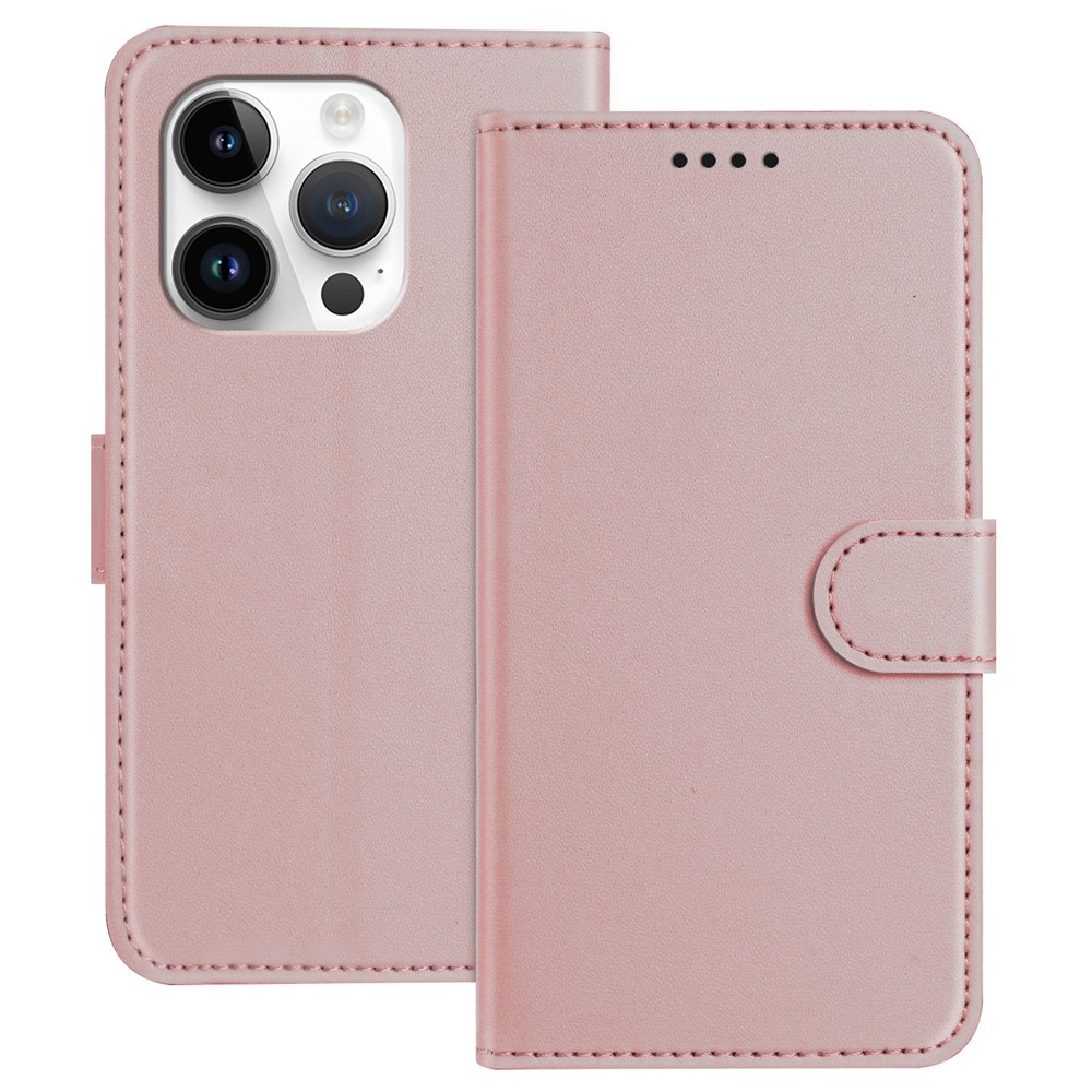 For iPhone 14 Pro Leather Case Wallet Stand Solid Color Anti Drop Phone Cover - Rose Gold