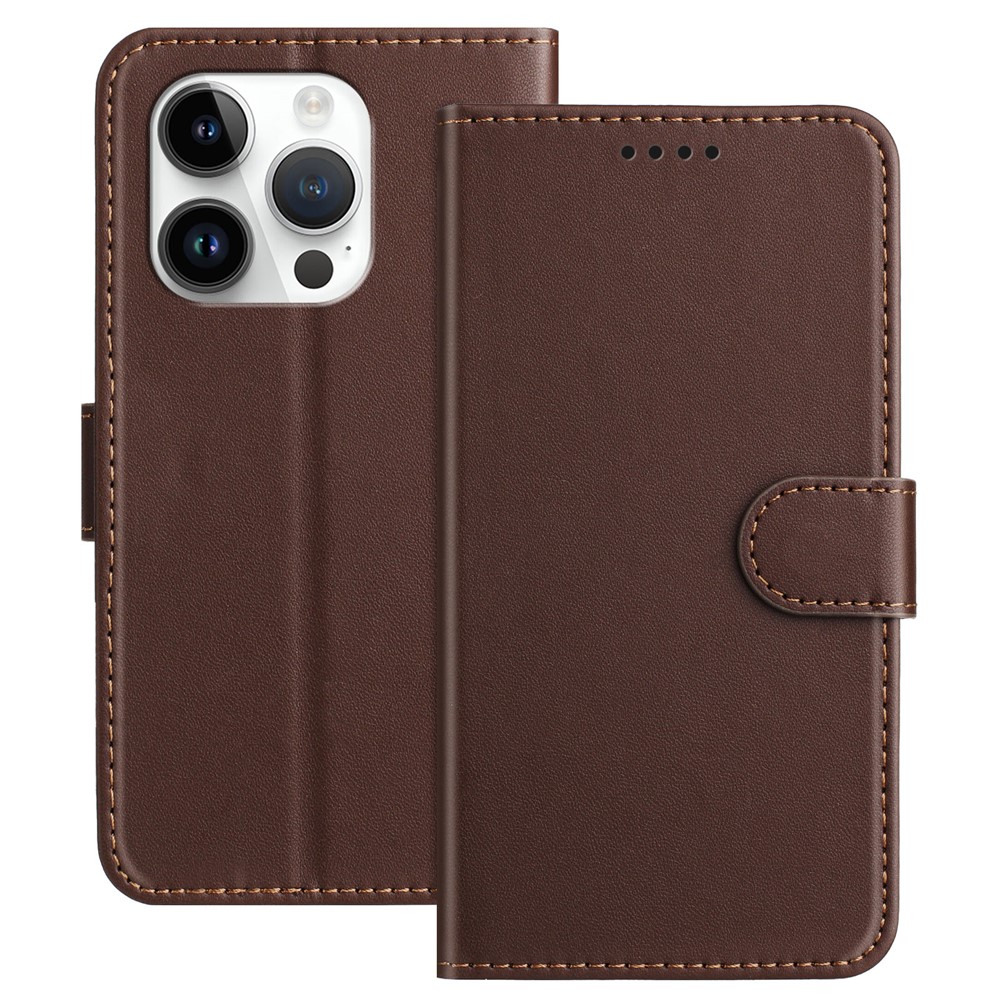 For iPhone 14 Pro Leather Case Wallet Stand Solid Color Anti Drop Phone Cover - Brown