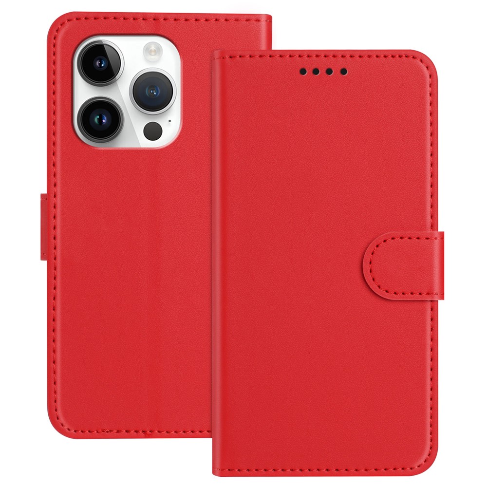 For iPhone 14 Pro Max Leather Case Wallet Stand Solid Color Anti Drop Phone Cover - Red