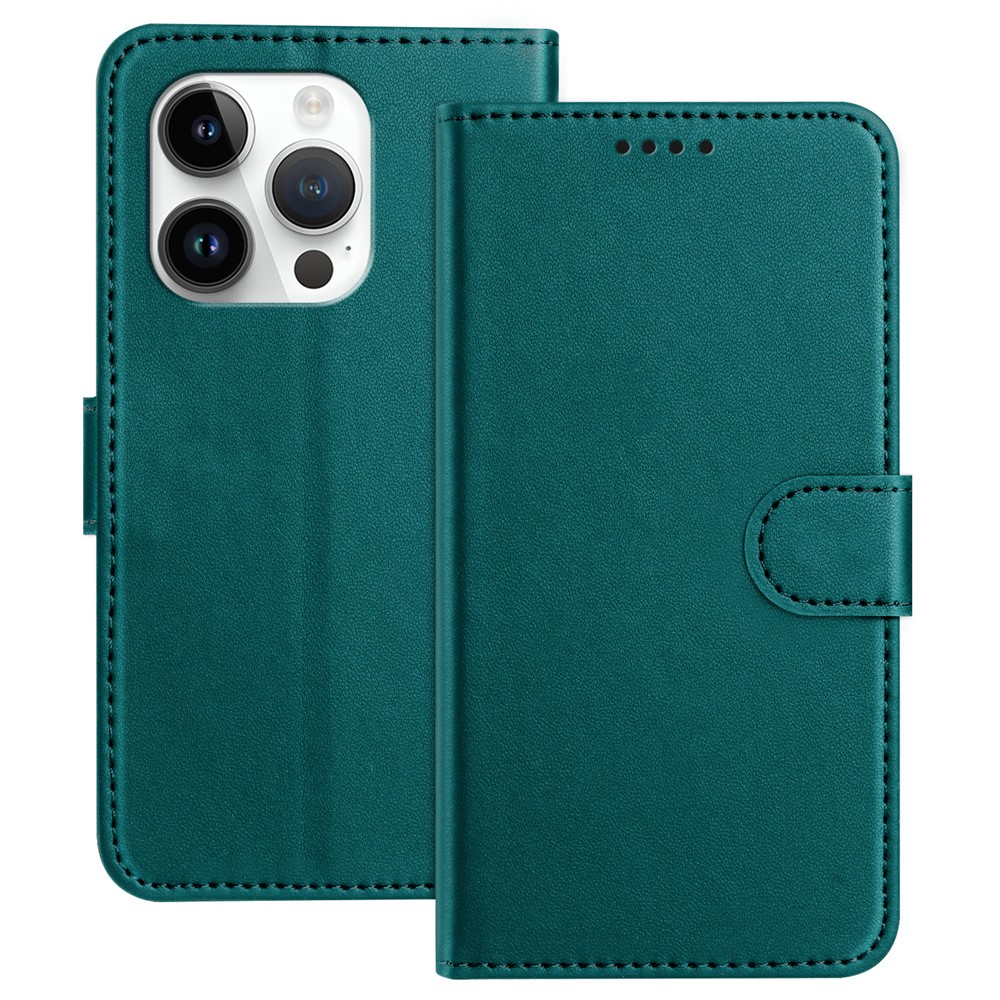 For iPhone 14 Pro Max Leather Case Wallet Stand Solid Color Anti Drop Phone Cover - Green