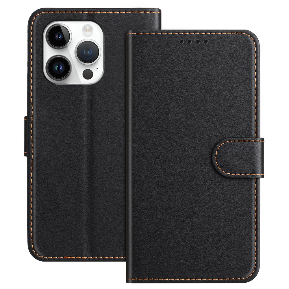 For iPhone 13 Pro 6.1 inch Leather Case Wallet Stand Solid Color Anti Drop Phone Cover - Black