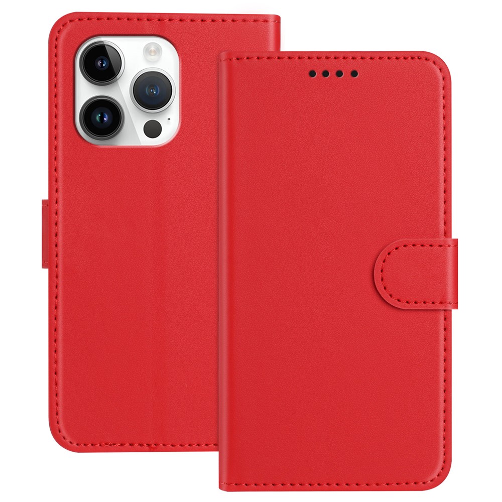 For iPhone 13 Pro 6.1 inch Leather Case Wallet Stand Solid Color Anti Drop Phone Cover - Red