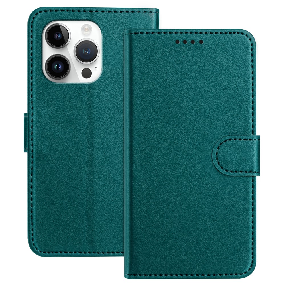 For iPhone 13 Pro 6.1 inch Leather Case Wallet Stand Solid Color Anti Drop Phone Cover - Green