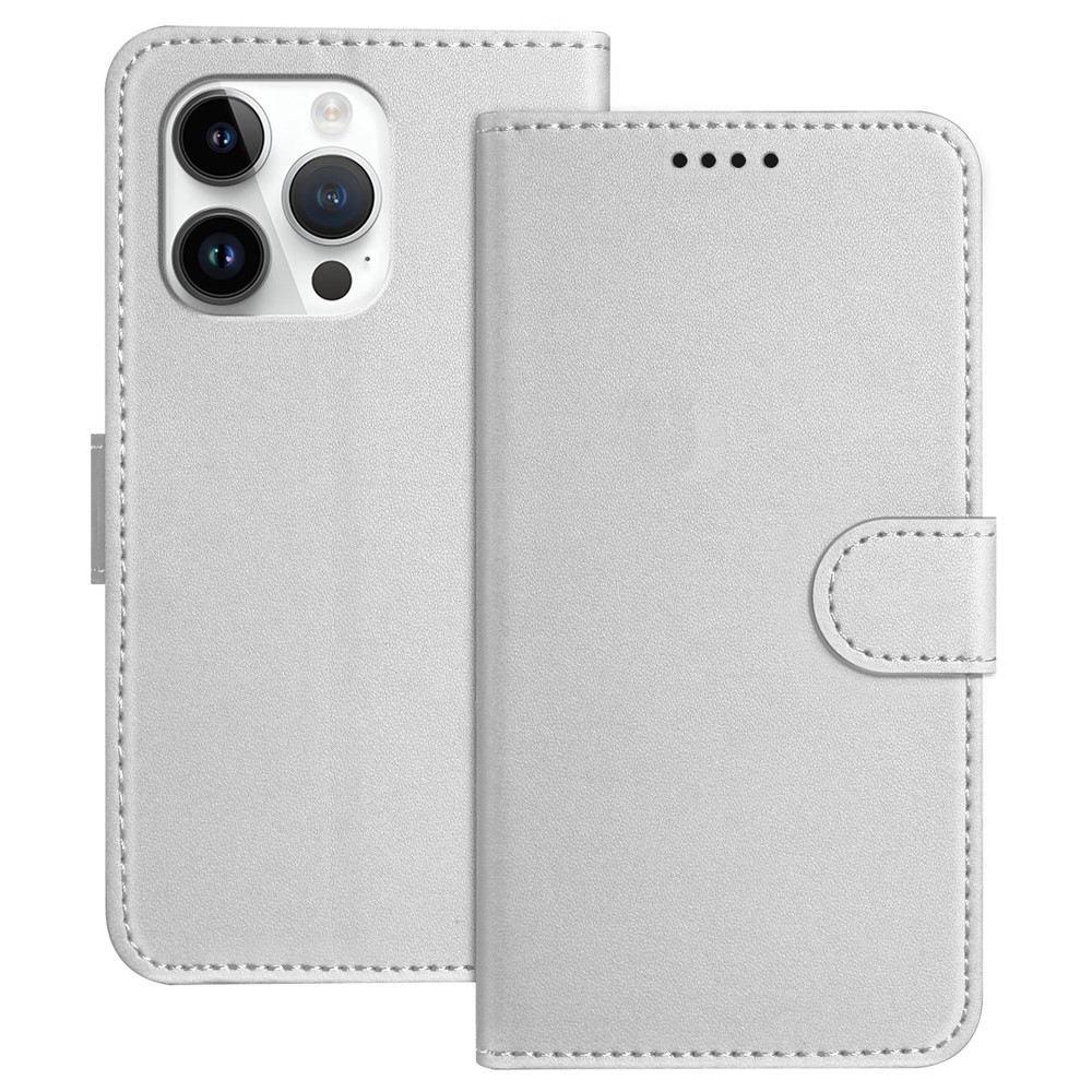 For iPhone 13 Pro 6.1 inch Leather Case Wallet Stand Solid Color Anti Drop Phone Cover - Silver