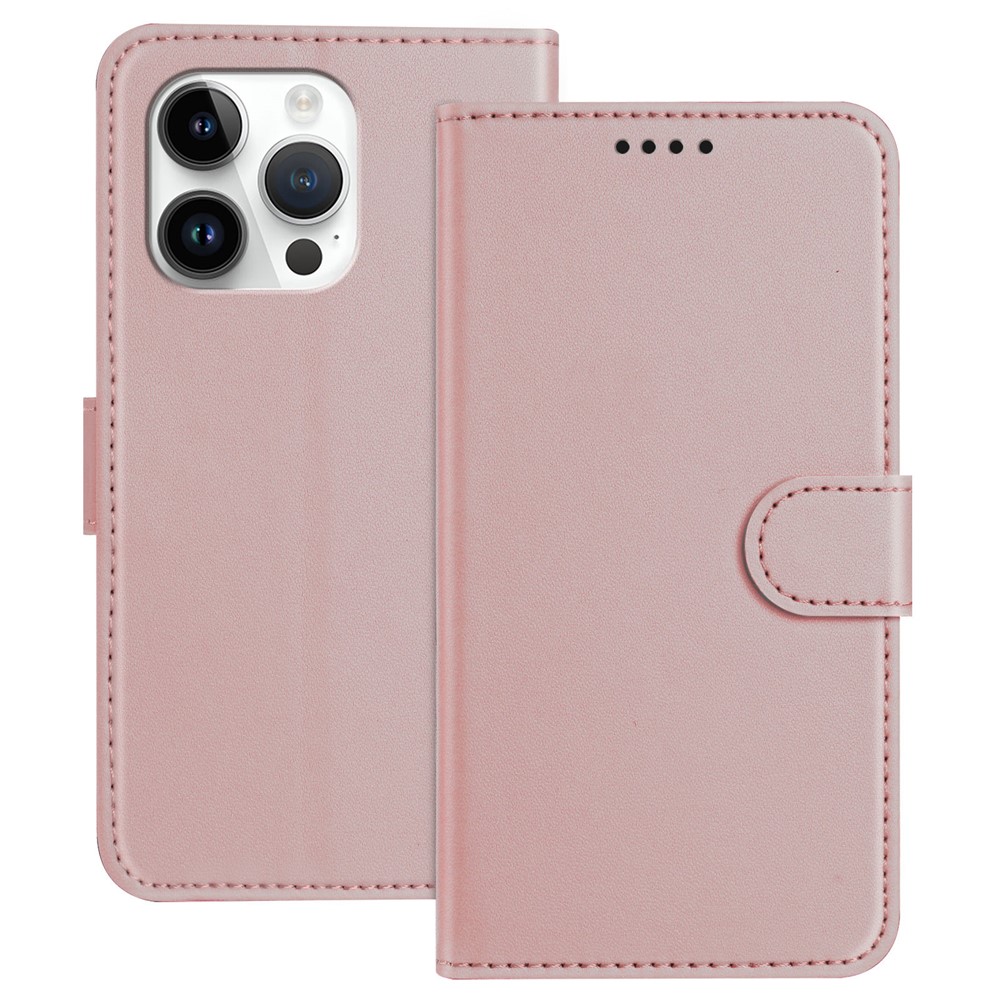 For iPhone 13 Pro 6.1 inch Leather Case Wallet Stand Solid Color Anti Drop Phone Cover - Rose Gold
