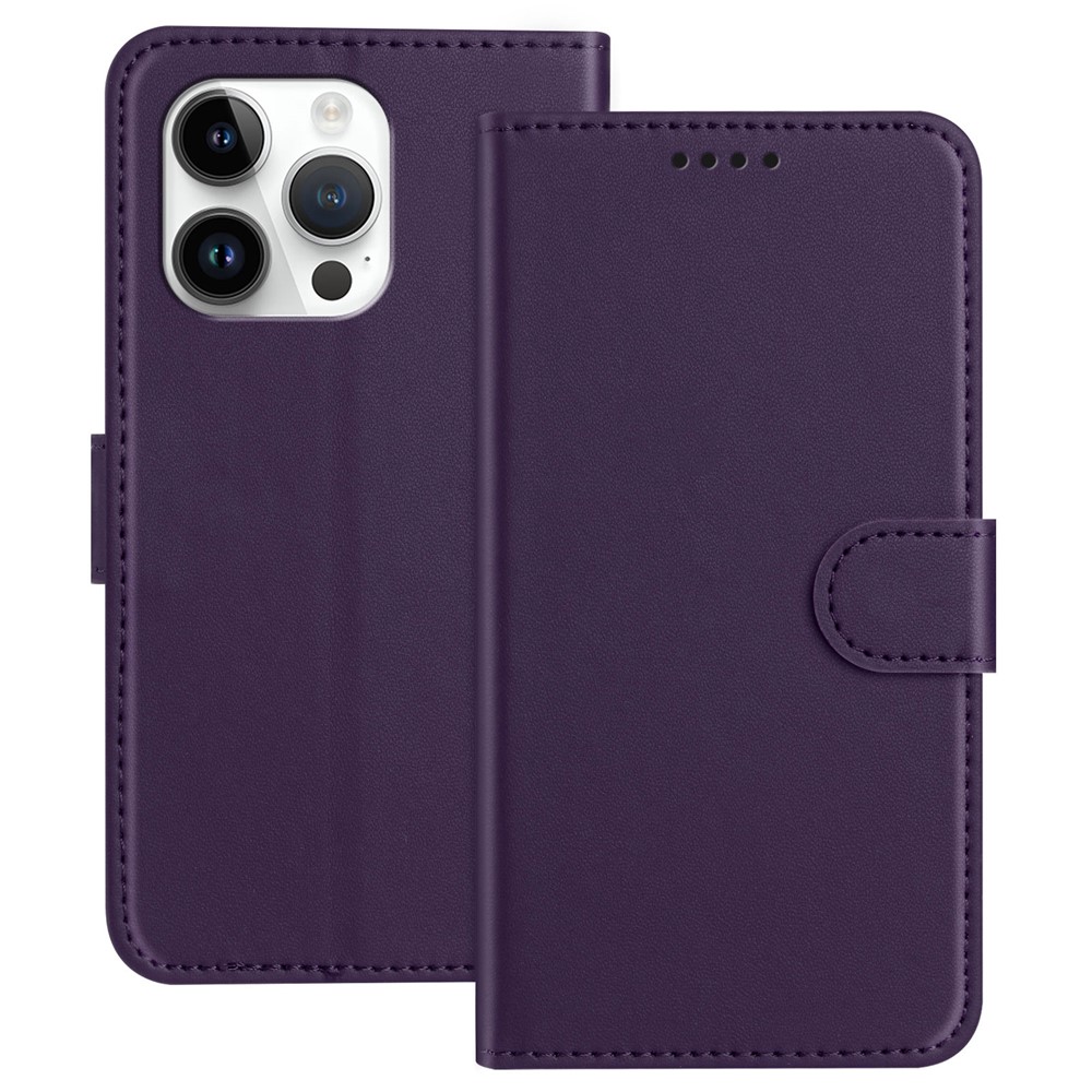 For iPhone 13 Pro 6.1 inch Leather Case Wallet Stand Solid Color Anti Drop Phone Cover - Purple