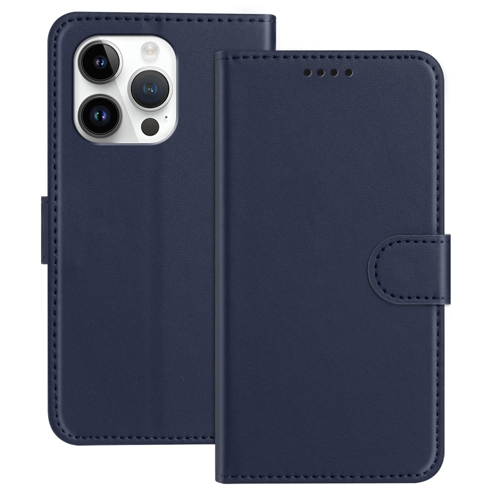 For iPhone 13 Pro 6.1 inch Leather Case Wallet Stand Solid Color Anti Drop Phone Cover - Blue