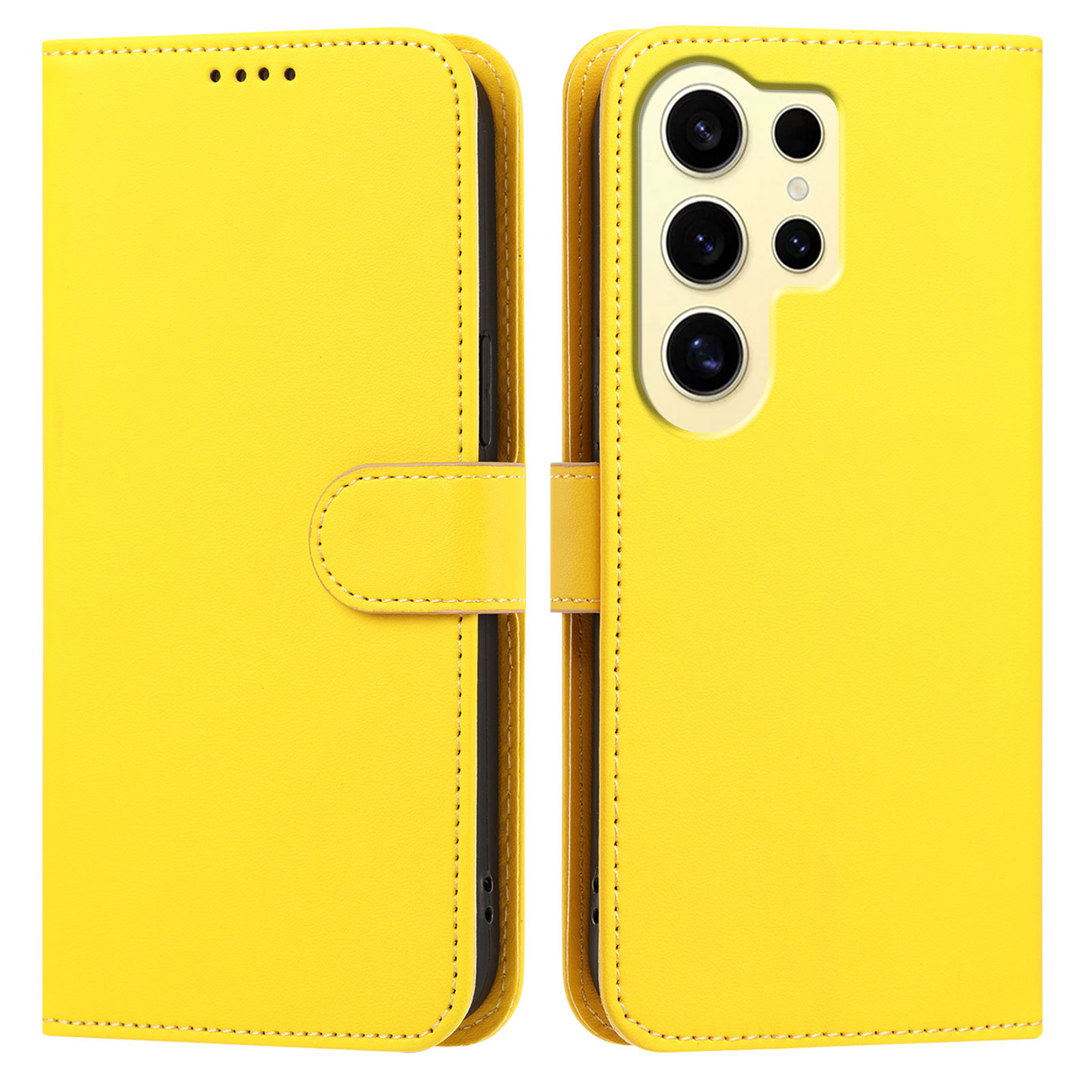 For Samsung Galaxy S24 Ultra Leather Case Wallet Stand Solid Color Anti Drop Phone Cover - Yellow